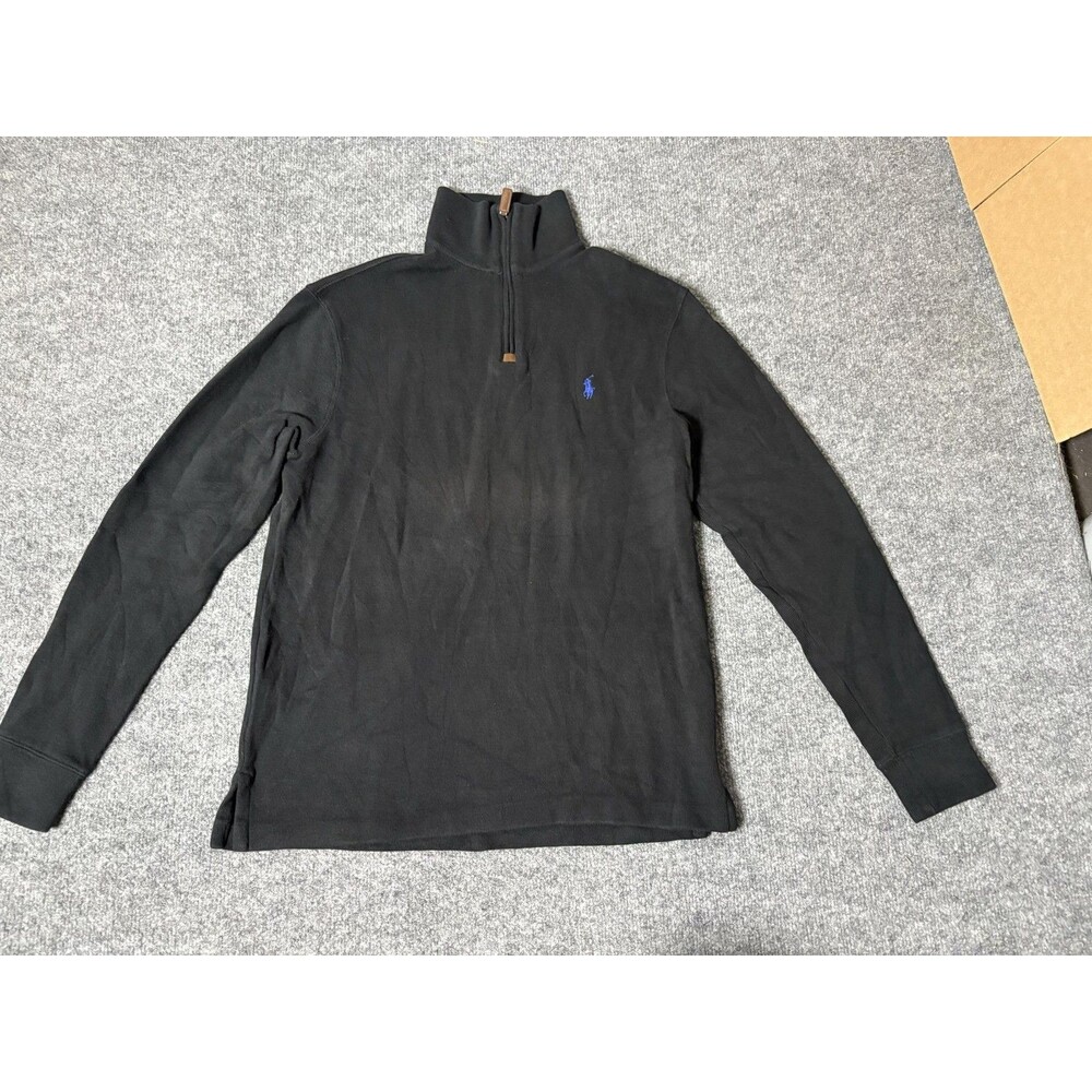 Polo Ralph Lauren Sweater Mens S Black 1/4 Zip Mock Neck Cotton Waffle Knit Logo